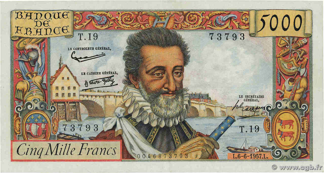 5000 Francs HENRI IV FRANCIA  1957 F.49.02 q.SPL