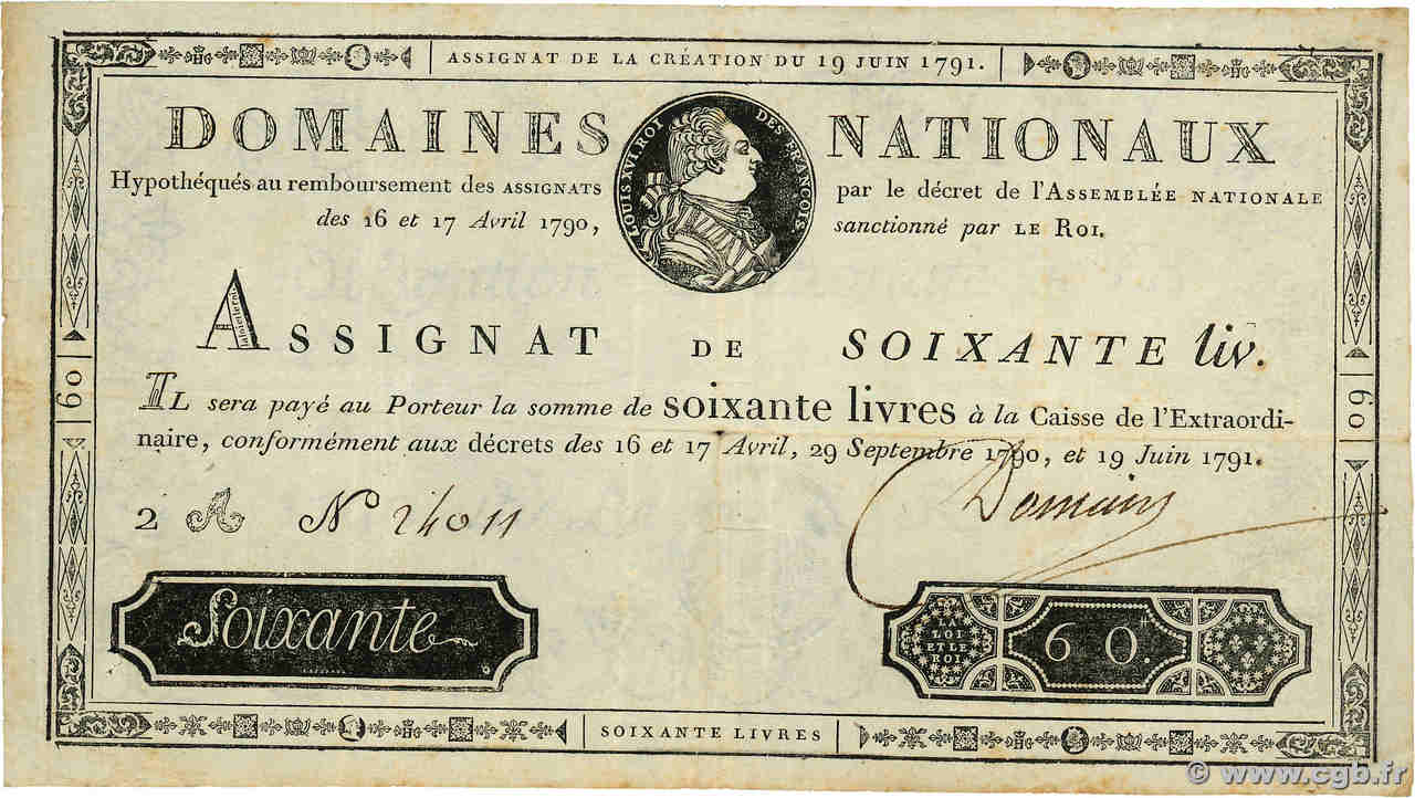 60 Livres FRANKREICH  1791 Ass.14a fSS