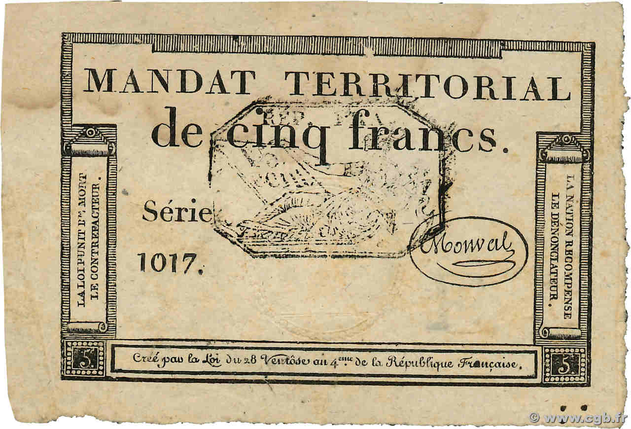 5 Francs Monval cachet noir FRANCE  1796 Ass.63b TTB