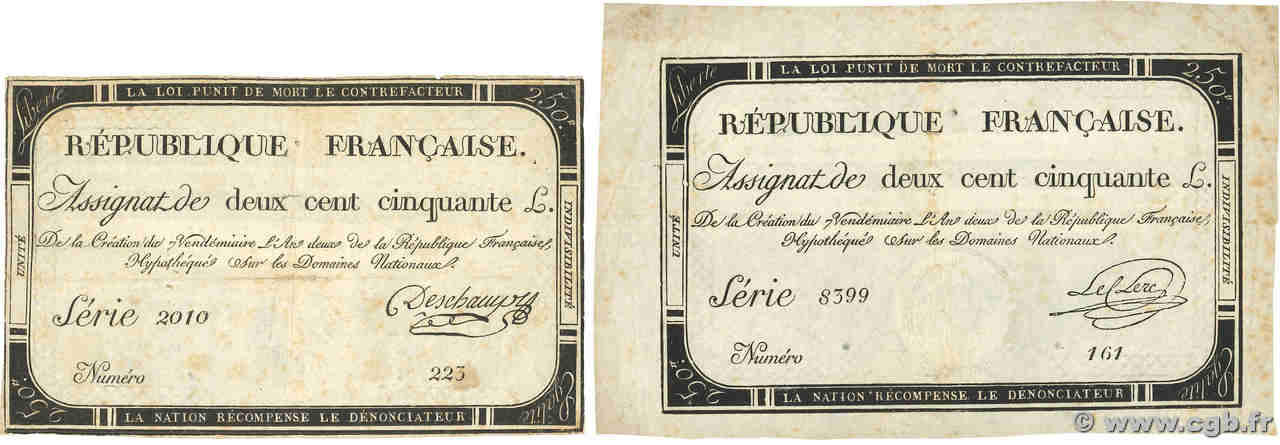 250 Livres Lot FRANKREICH  1793 Ass.45a S