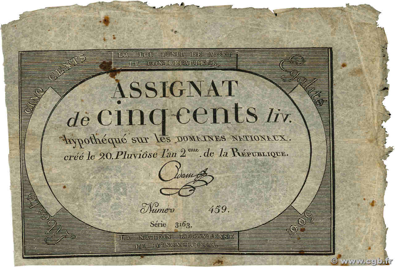 500 Livres FRANCE  1794 Ass.47a pr.TB