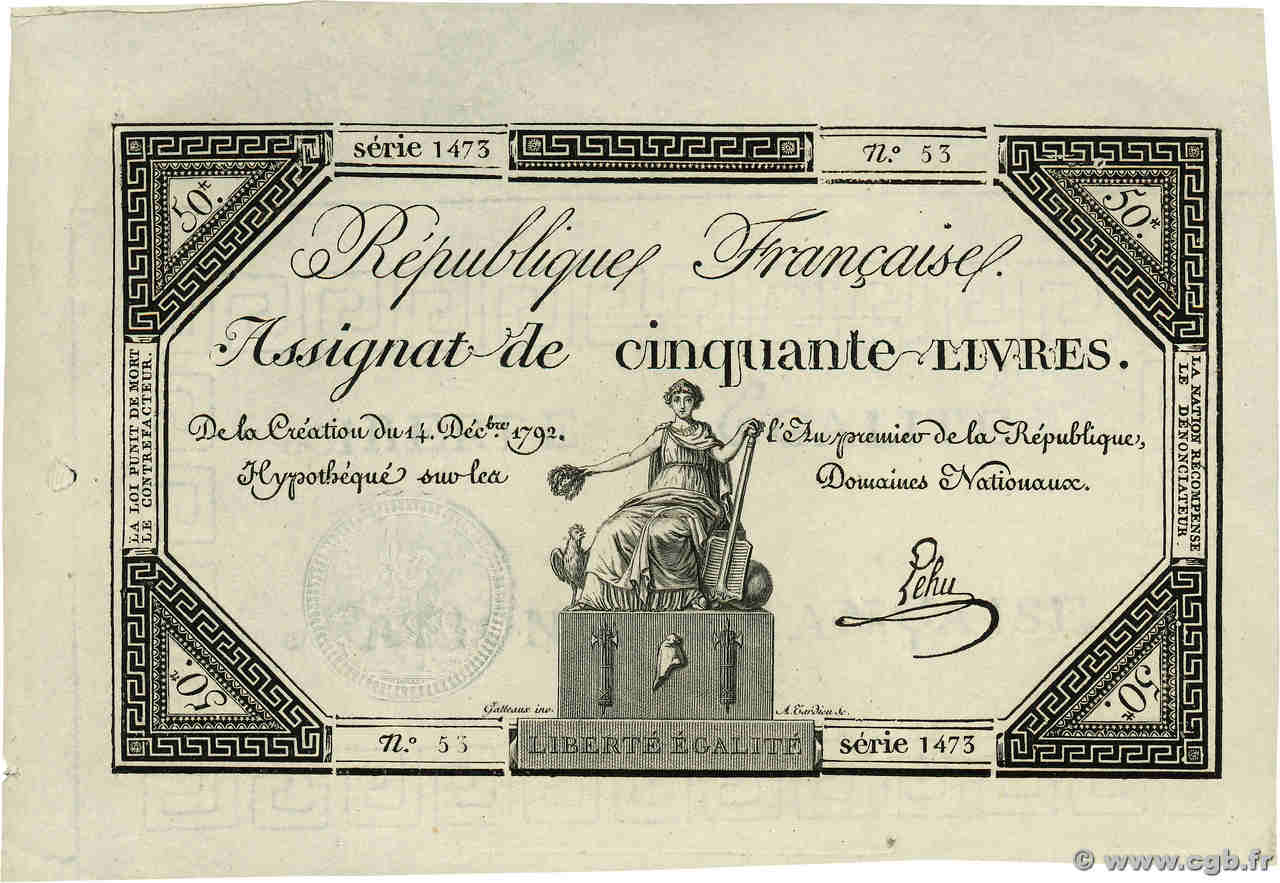 50 Livres FRANCE  1792 Ass.39a SUP+