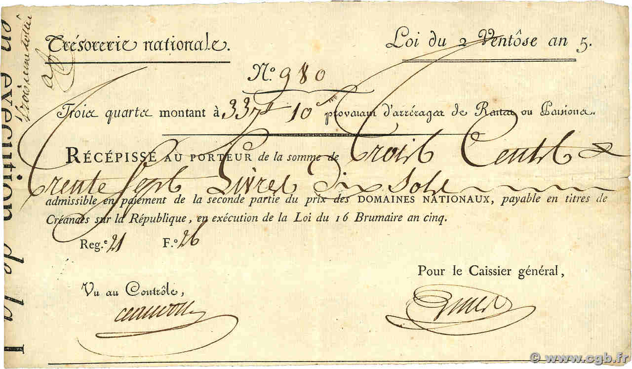 337 Livres et 10 Sole Bon des Trois-Quarts FRANCE  1796 Laf.206 TTB