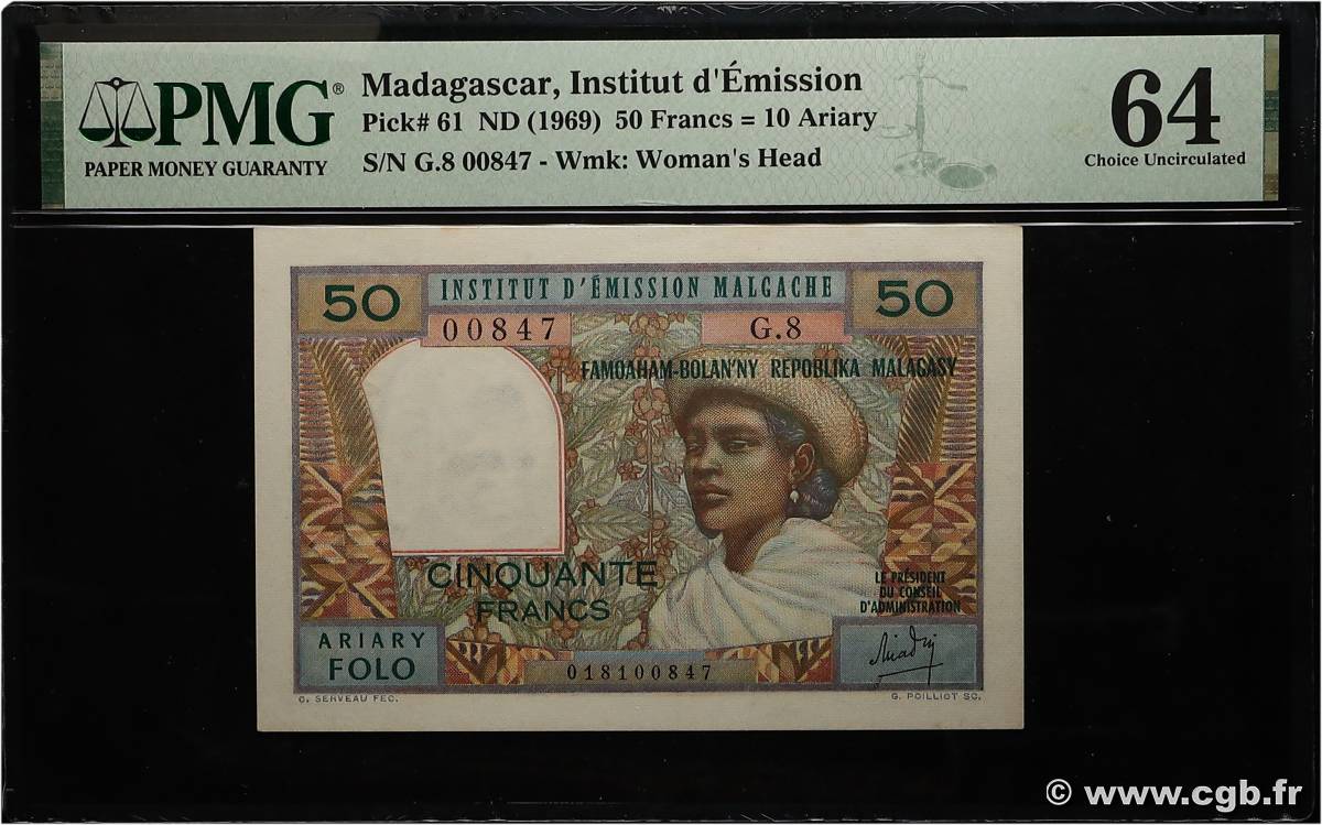 50 Francs - 10 Ariary MADAGASCAR  1969 P.061 UNC-