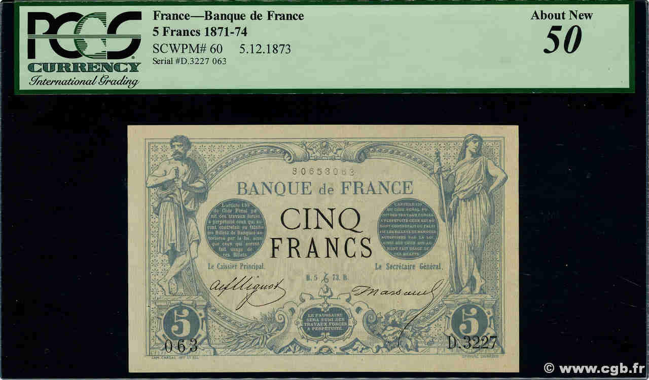 5 Francs NOIR FRANCE  1873 F.01.24 XF+