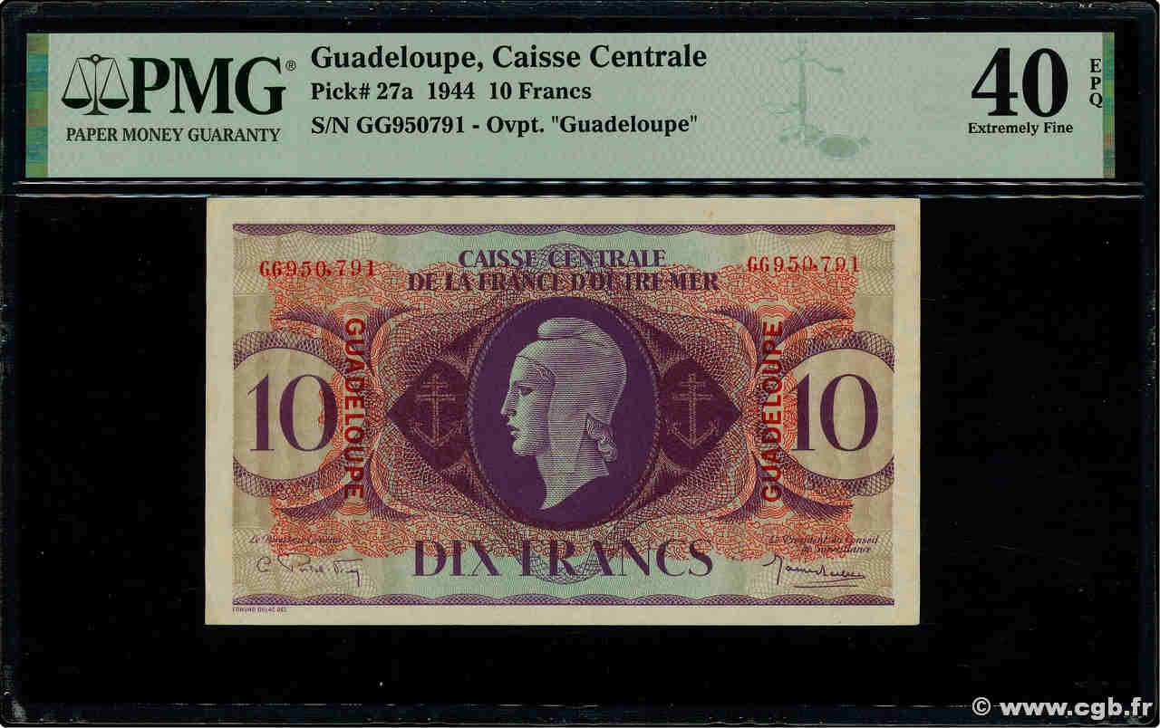 10 Francs GUADELOUPE  1944 P.27a VF+