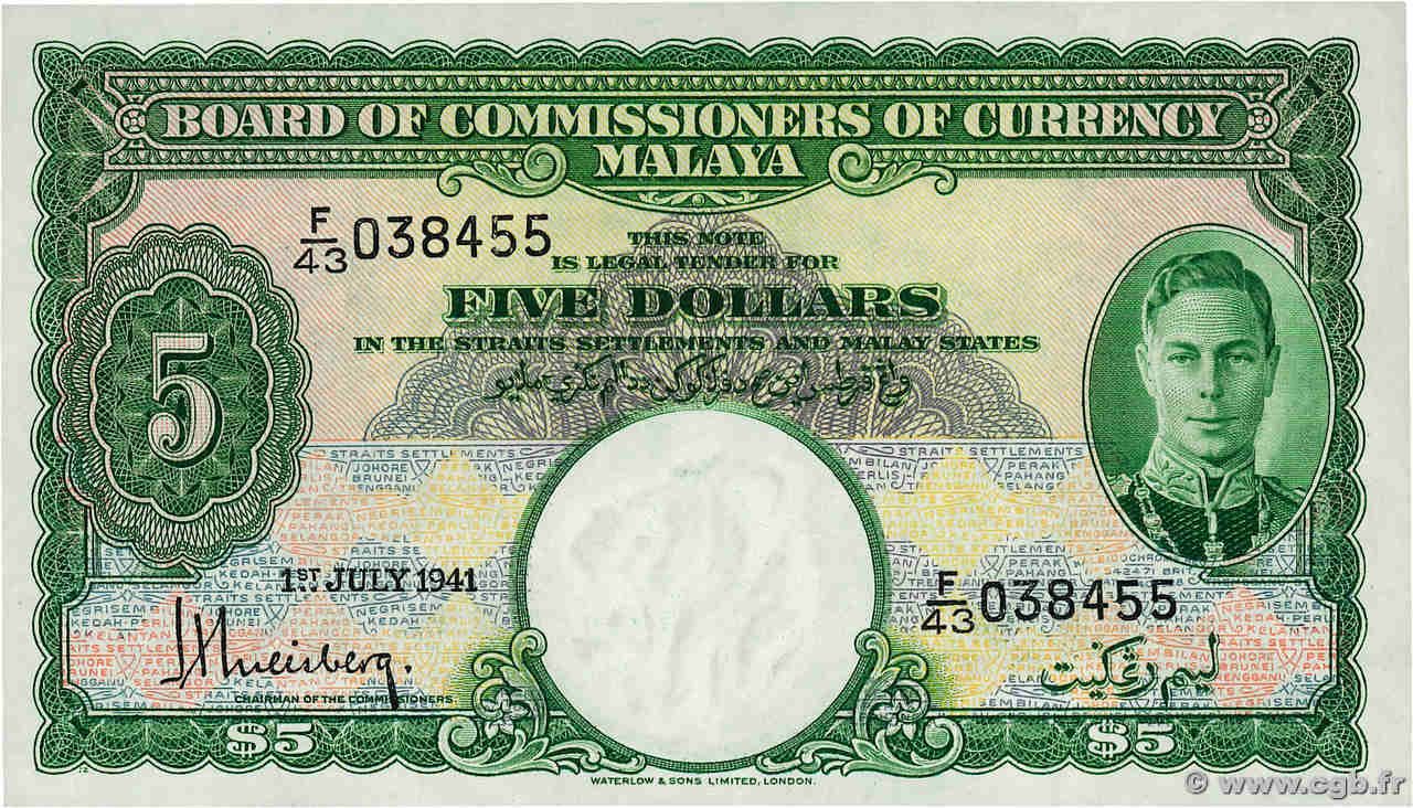 5 Dollars MALAYA  1941 P.12 AU+