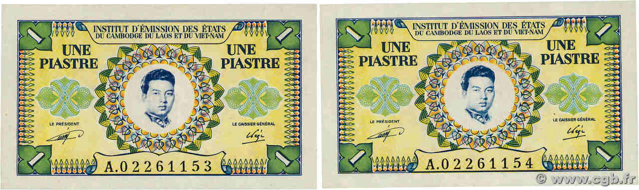 1 Piastre - 1 Riel Consécutifs INDOCHINE FRANÇAISE  1953 P.093 pr.NEUF