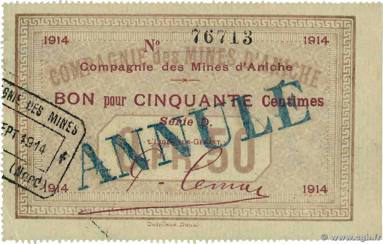 50 Centimes Annulé FRANCE régionalisme et divers Aniche 1914 JP.59-065 pr.NEUF