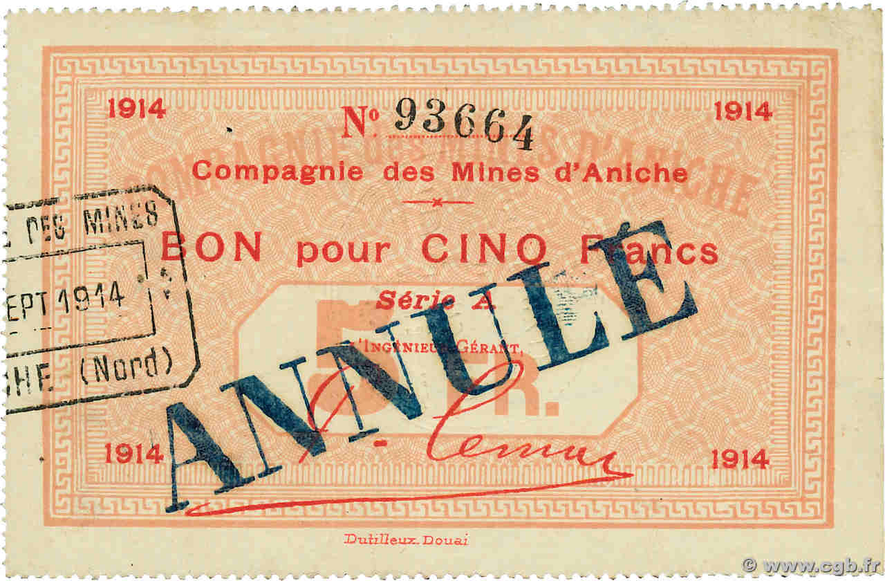 5 Francs Annulé FRANCE régionalisme et divers Aniche 1914 JP.59-069 SUP