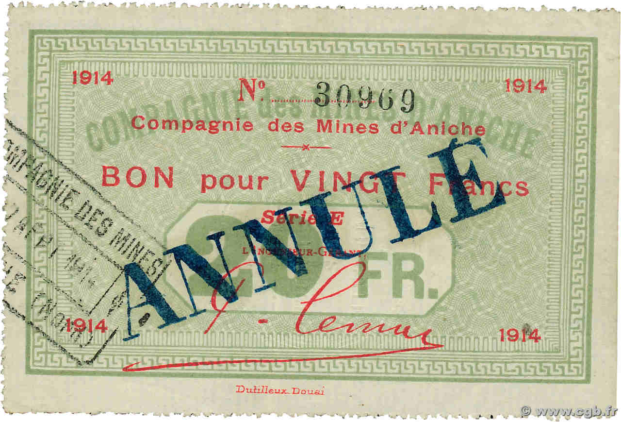 20 Francs Annulé FRANCE régionalisme et divers Aniche 1914 JP.59-070 SUP