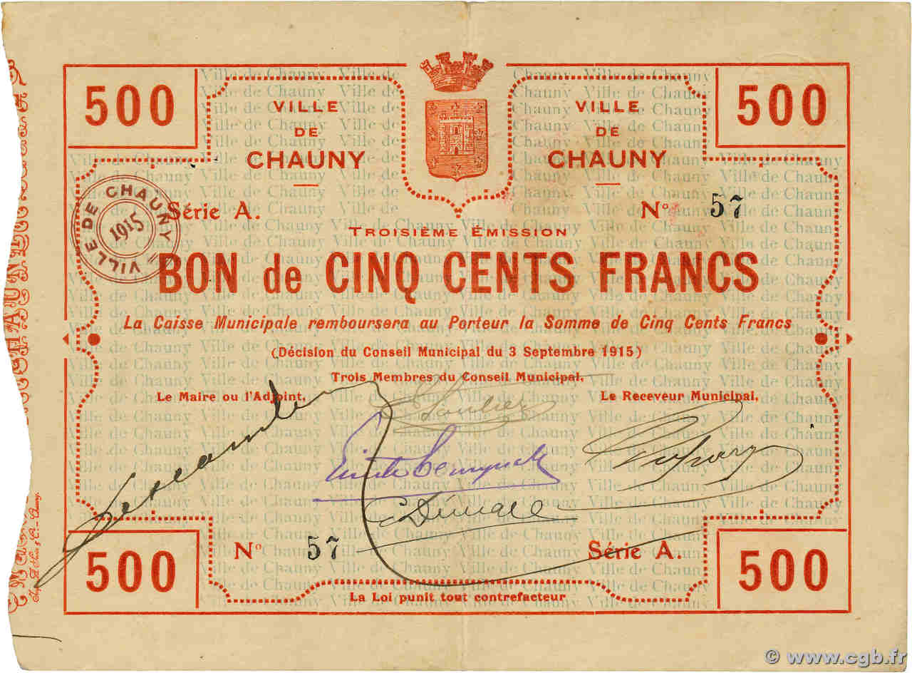 500 Francs FRANCE régionalisme et divers Chauny 1915 JP.02-0480 SUP