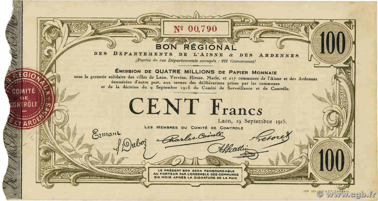 100 Francs FRANCE régionalisme et divers Laon 1915 JP.02-1305 pr.SPL