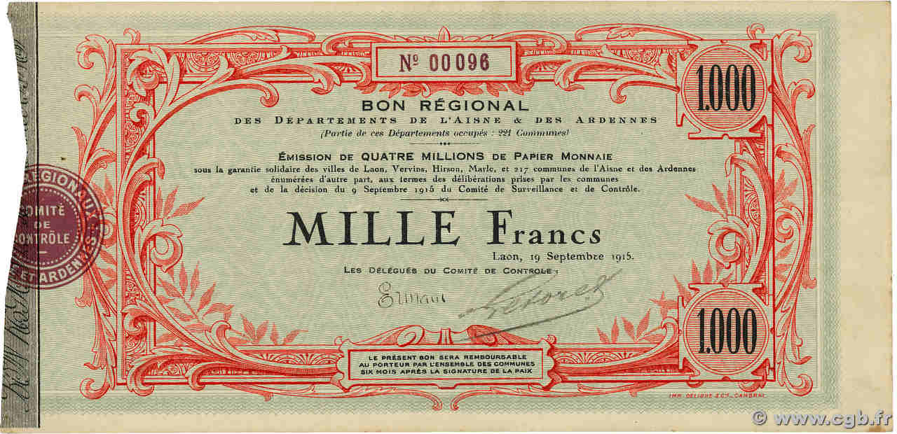 1000 Francs Petit numéro FRANCE régionalisme et divers Laon 1915 JP.02-1307 SUP+