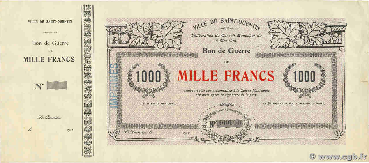 1000 Francs Spécimen FRANCE régionalisme et divers Saint-Quentin 1915 JP.02-2067s pr.SUP