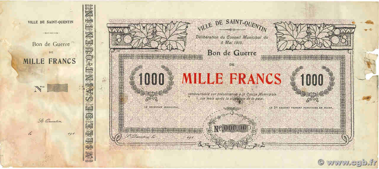 1000 Francs Spécimen FRANCE régionalisme et divers Saint-Quentin 1915 JP.02-2067s pr.TTB