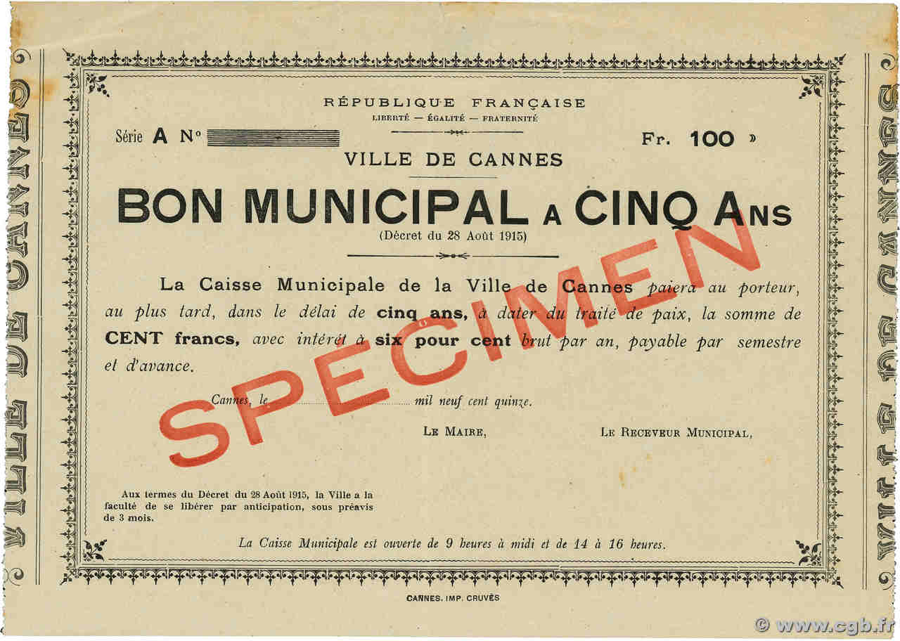 100 Francs (Ville de Cannes) type 1915 spécimen Spécimen FRANCE Regionalismus und verschiedenen Cannes 1915 JP.06-01 VZ