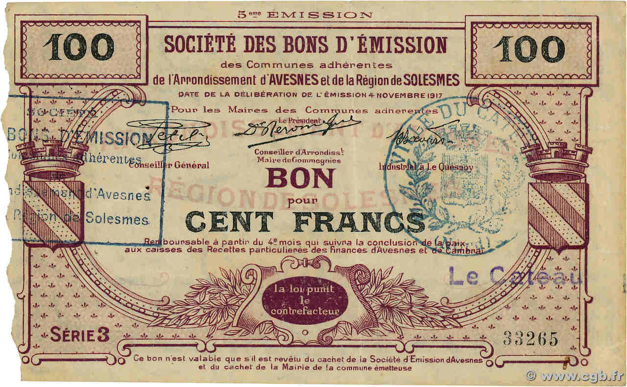 100 Francs FRANCE régionalisme et divers Avesnes 1917 JP.59-220 SUP