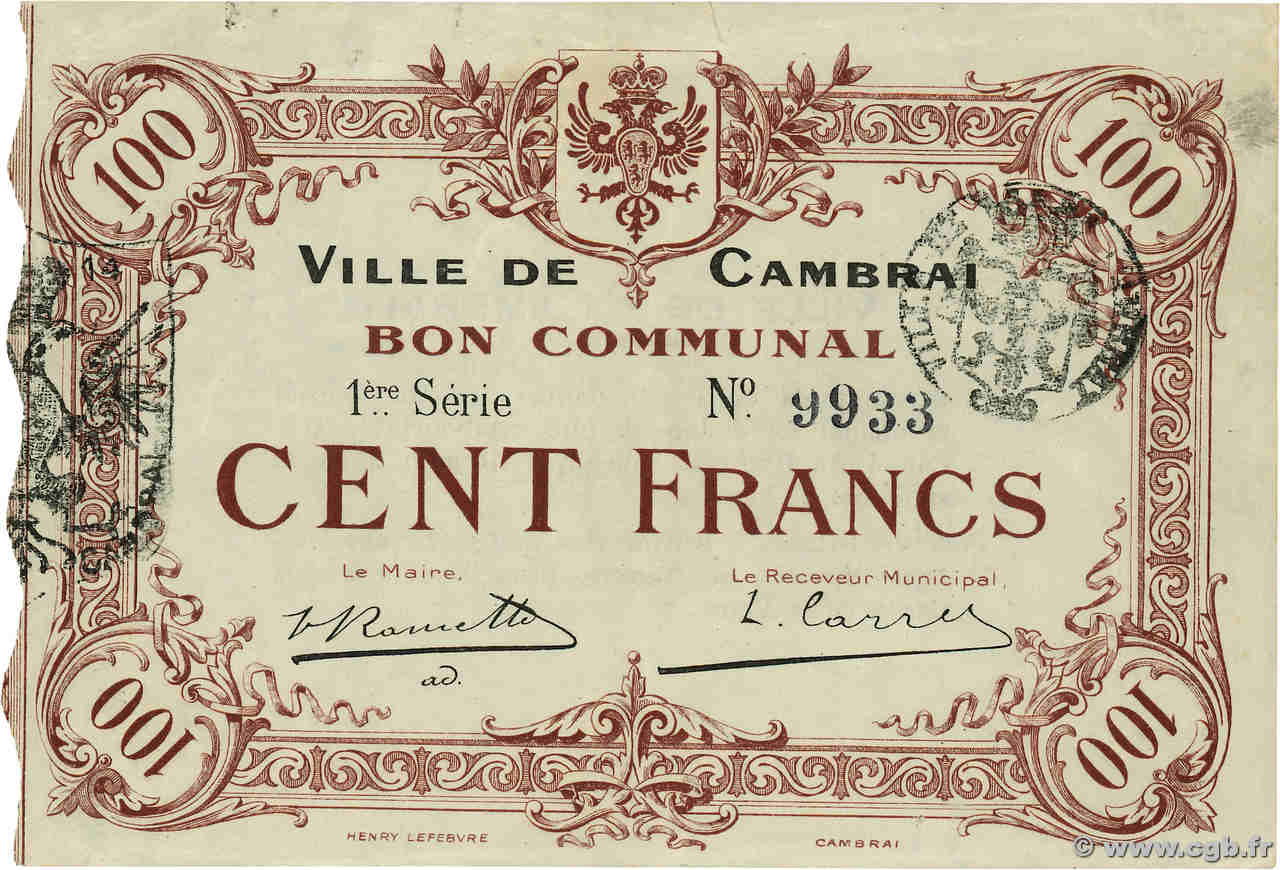 100 Francs FRANCE régionalisme et divers Cambrai 1916 JP.59-467 SUP