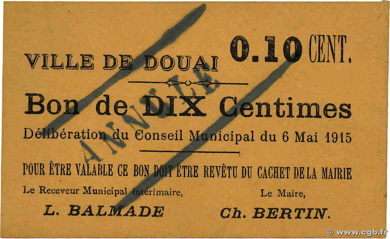 10 Centimes Annulé FRANCE régionalisme et divers Douai 1915 JP.59-2959 NEUF