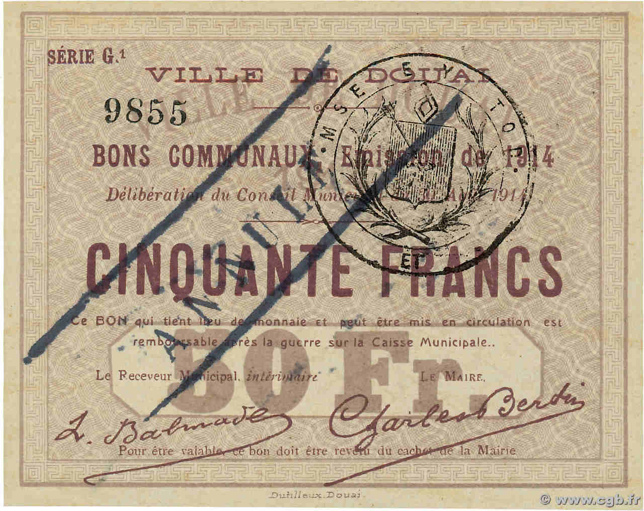 50 Francs Annulé FRANCE régionalisme et divers Douai 1914 JP.59-701 pr.NEUF