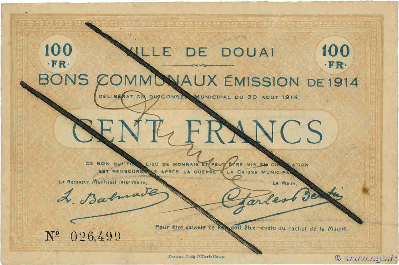 100 Francs Annulé FRANCE régionalisme et divers Douai 1914 JP.59-721 SUP+