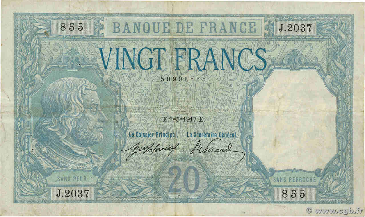 20 Francs BAYARD FRANCE  1917 F.11.02 VF-