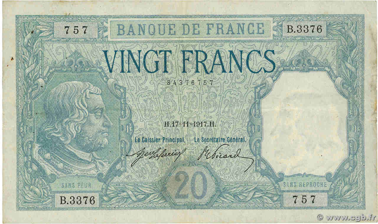 20 Francs BAYARD FRANKREICH  1917 F.11.02 SS