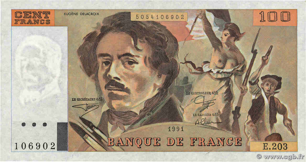 100 Francs DELACROIX imprimé en continu FRANCE  1991 F.69bis.03c2 XF-