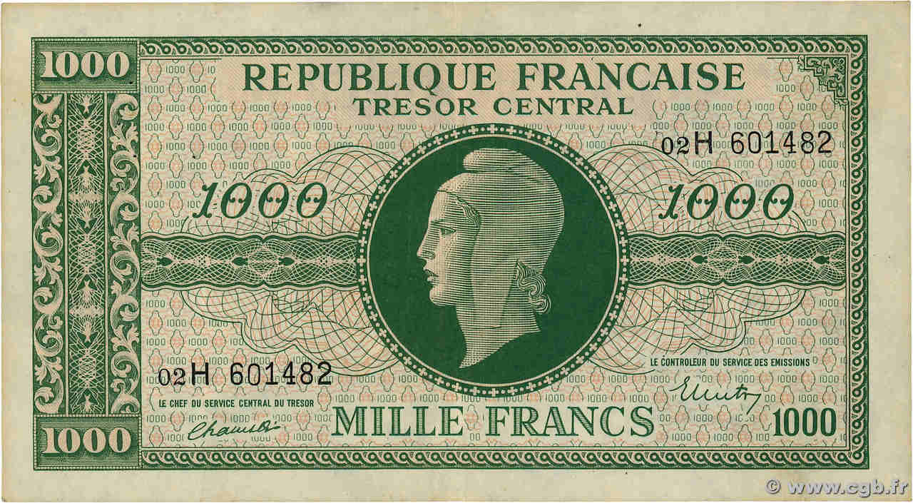 1000 Francs MARIANNE THOMAS DE LA RUE FRANCE  1945 VF.13.03 TTB