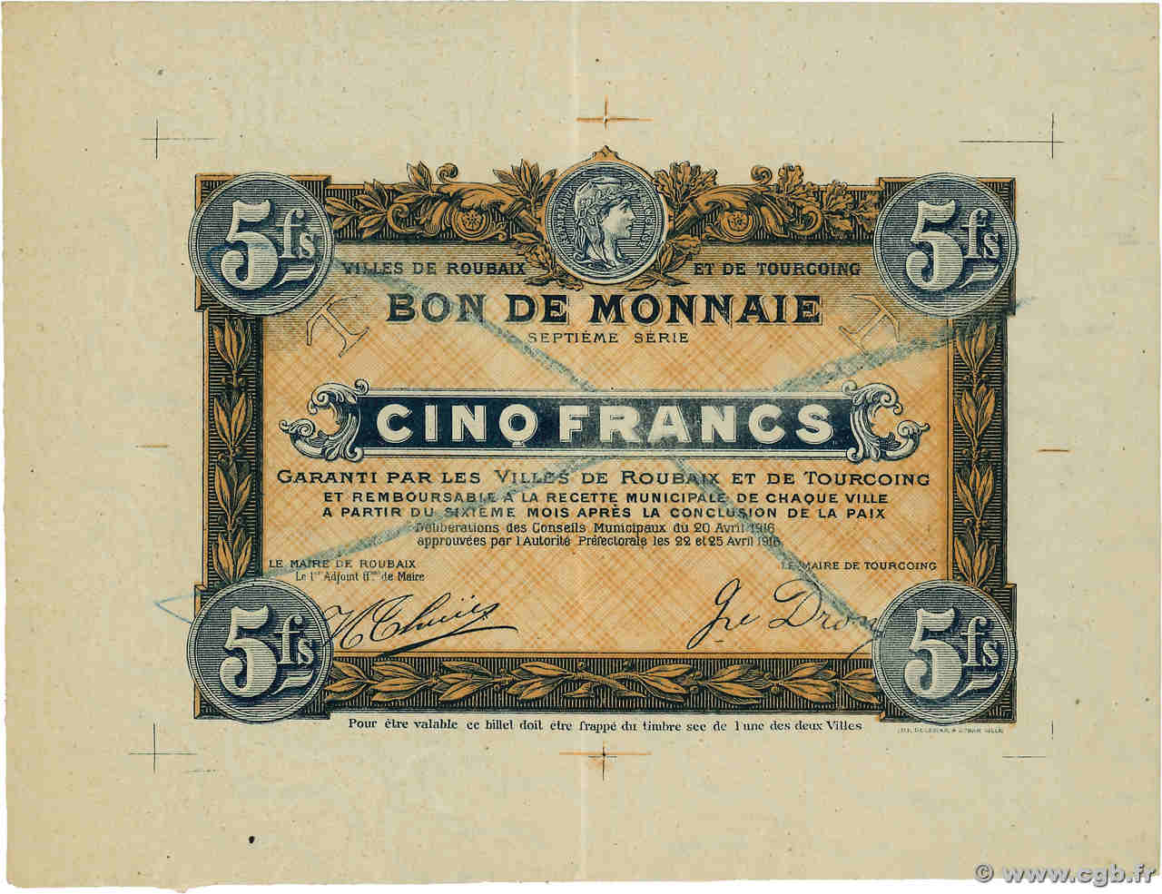5 Francs Épreuve FRANCE régionalisme et divers Roubaix Tourcoing 1916 JP.59-2100 SUP+