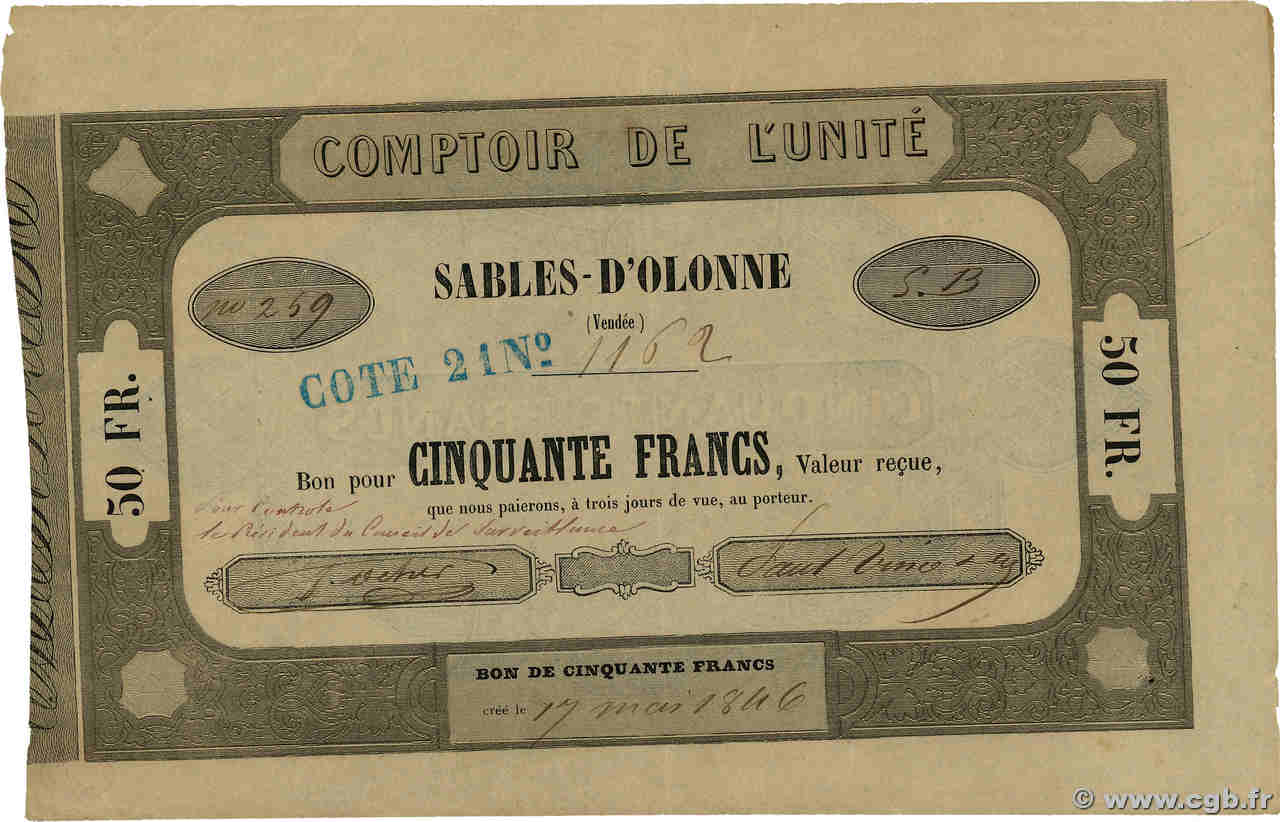50 Francs FRANCE régionalisme et divers Sables-d Olonne 1846 F.- pr.SUP