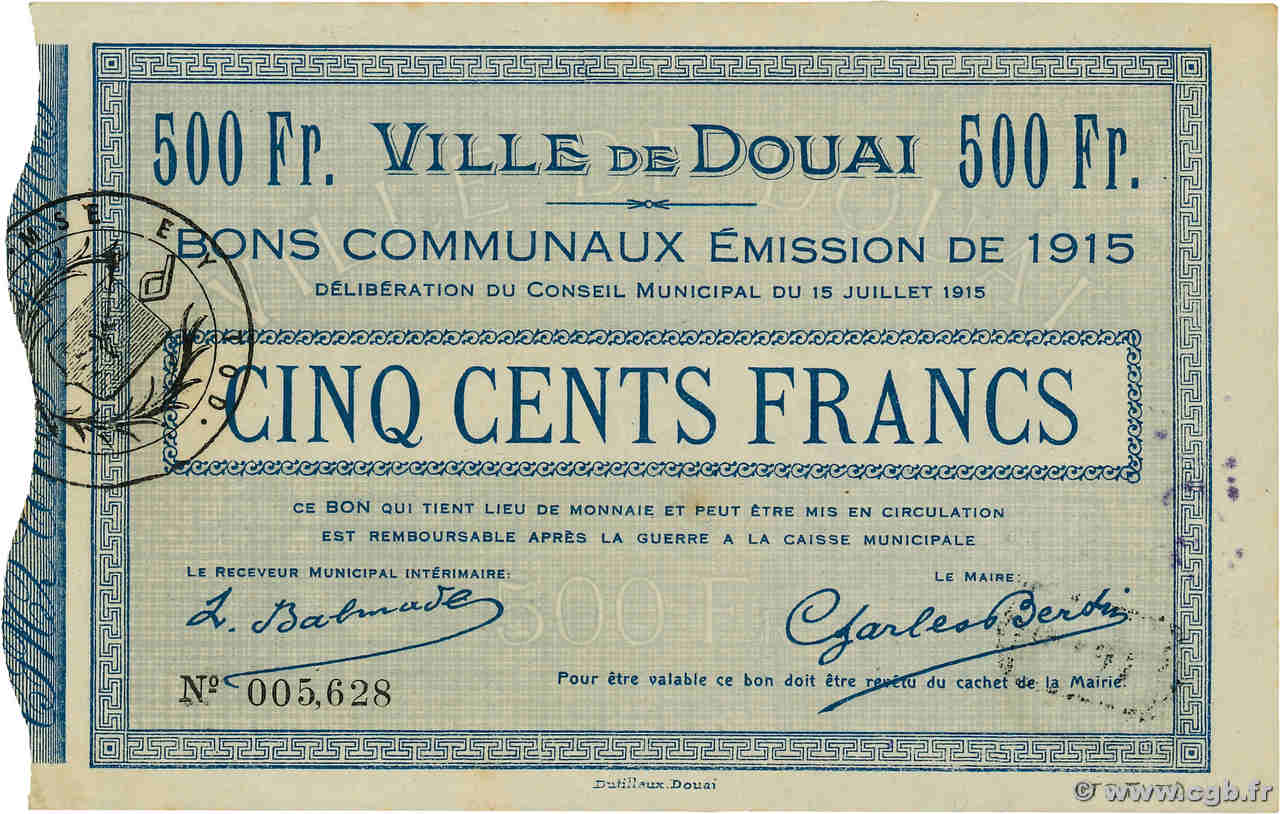 500 Francs FRANCE régionalisme et divers Douai 1915 JP.59-738 pr.SPL