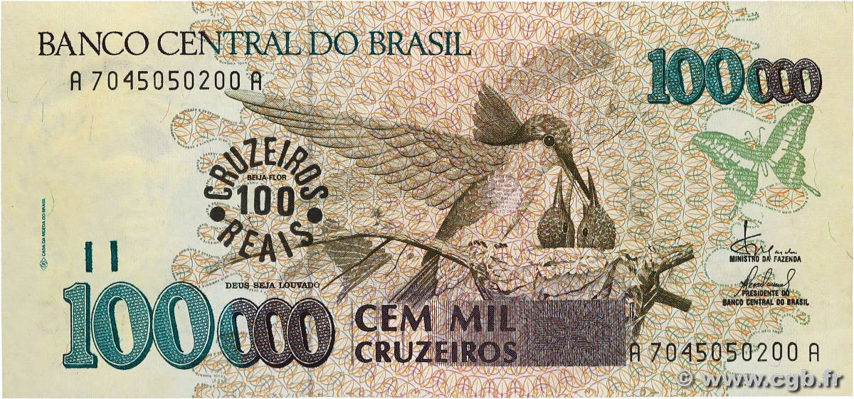 100 Cruzeiros Reais sur 100000 Cruzeiros BRÉSIL  1993 P.238 SUP+