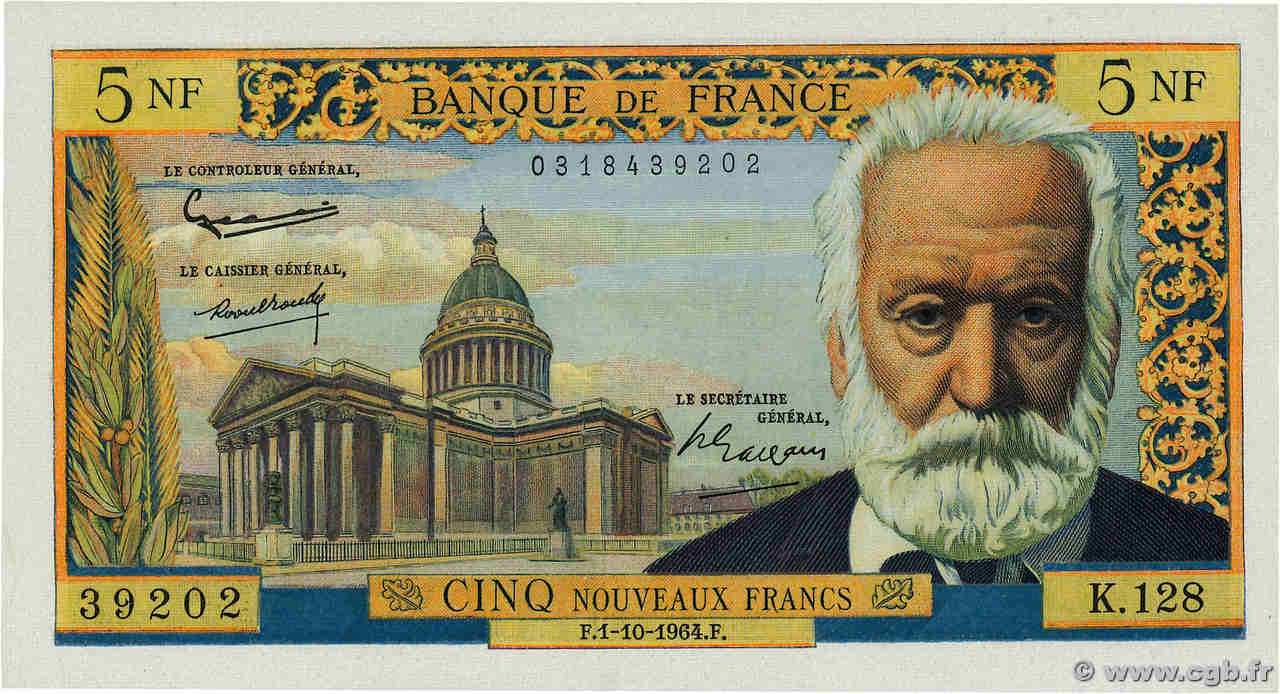 5 Nouveaux Francs VICTOR HUGO FRANCE  1964 F.56.16 NEUF