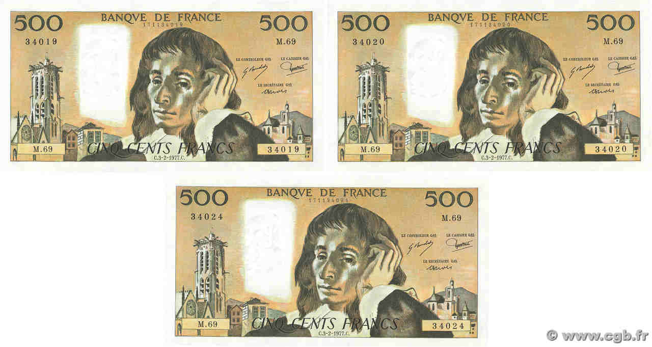 500 Francs PASCAL Lot FRANCE  1977 F.71.16 NEUF