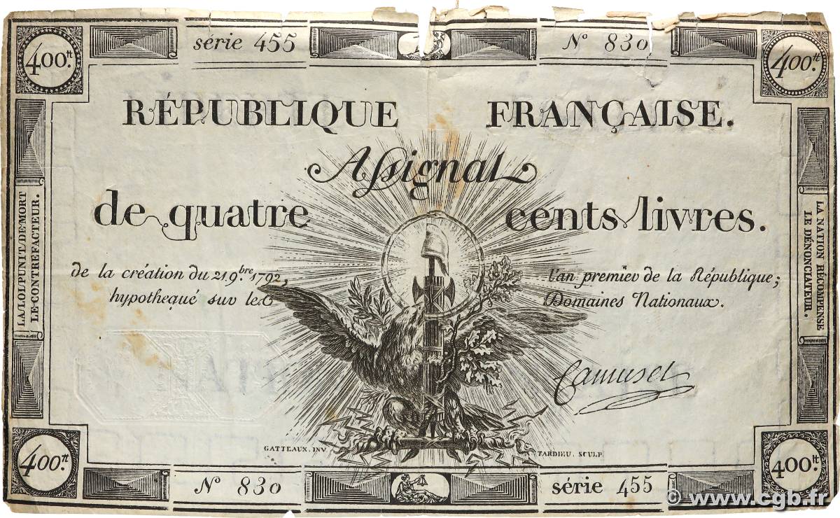 400 Livres FRANCE  1792 Ass.38a B+