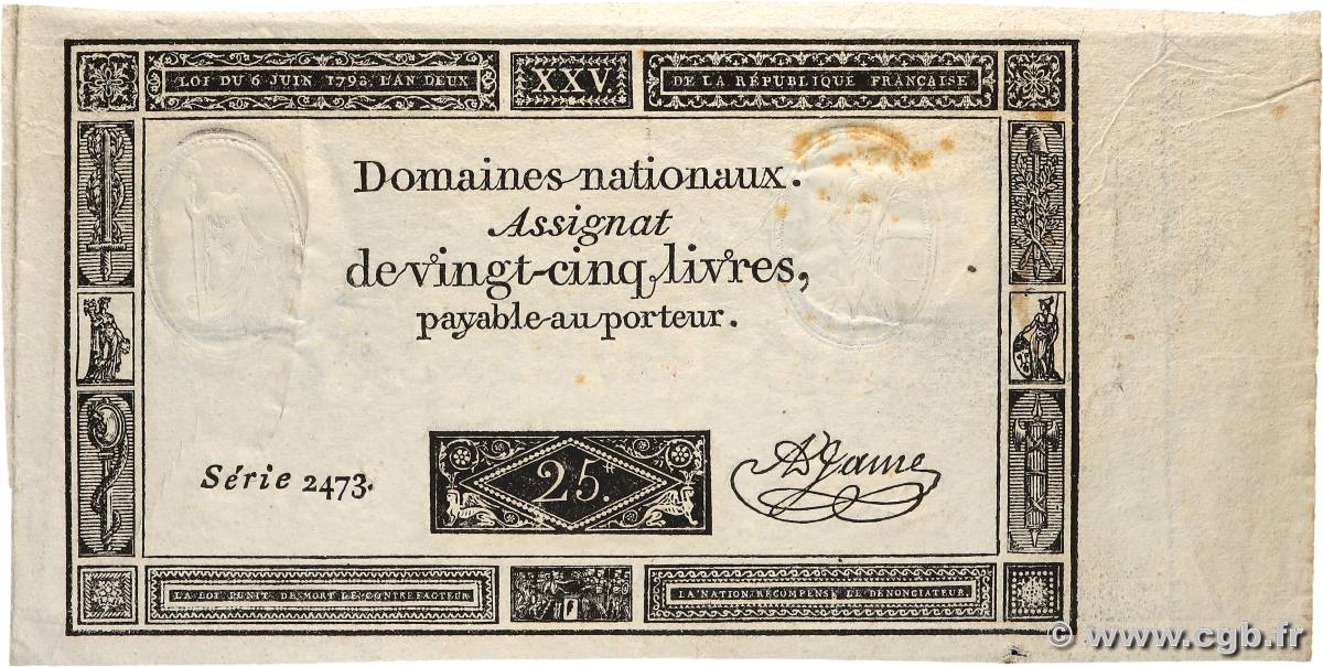 25 Livres FRANCE  1793 Ass.43a TTB+