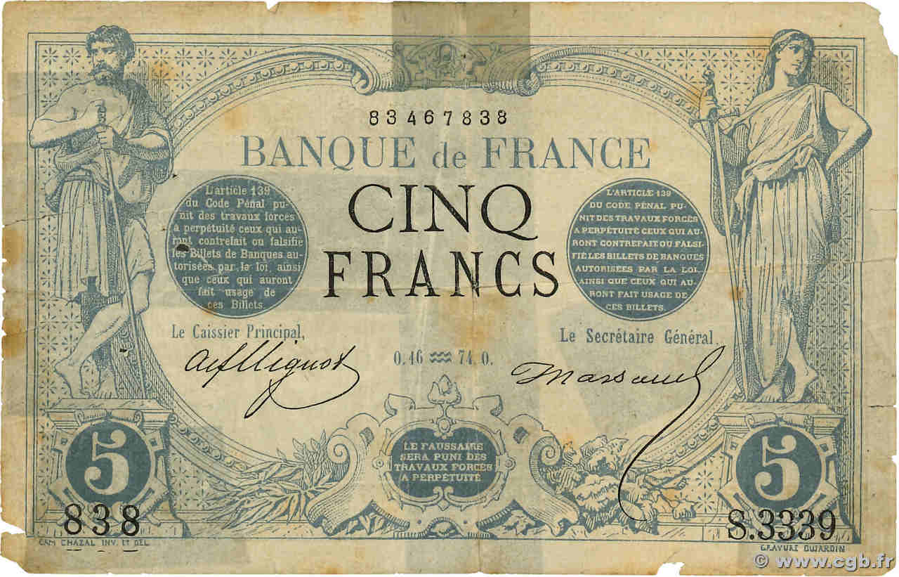 5 Francs NOIR FRANCE  1874 F.01.25 P