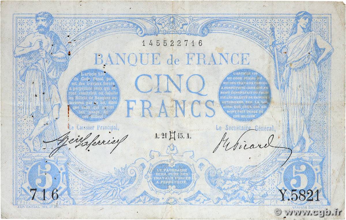 5 Francs BLEU FRANCE  1915 F.02.27 TB