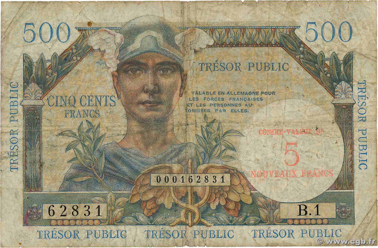 5NF sur 500 Francs TRÉSOR PUBLIC FRANCIA  1960 VF.37.01 B