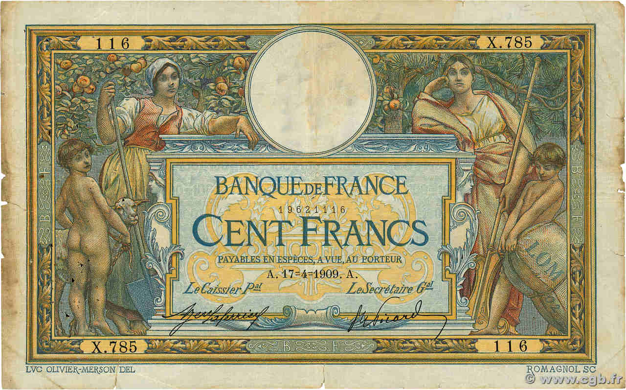 100 Francs LUC OLIVIER MERSON avec LOM FRANCIA  1909 F.22.02 RC+