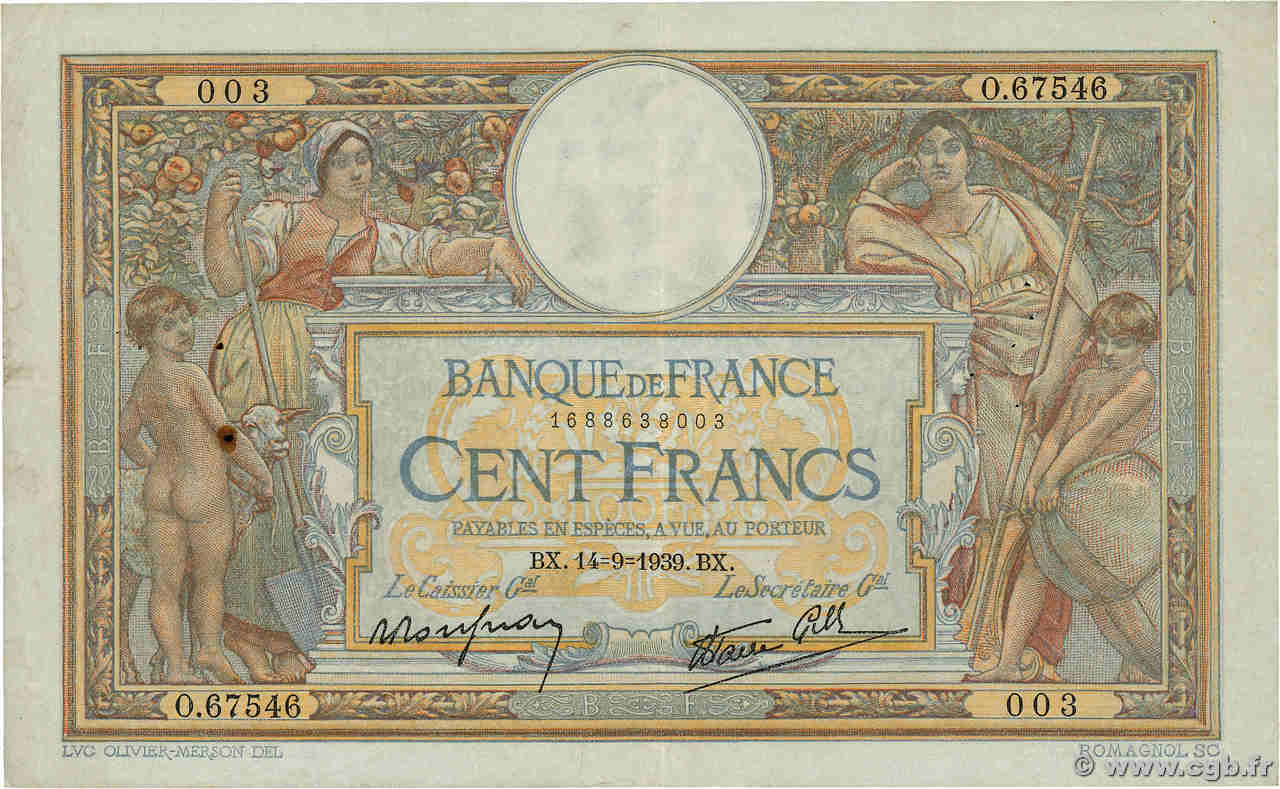 100 Francs LUC OLIVIER MERSON type modifié FRANCE  1939 F.25.49 TB+