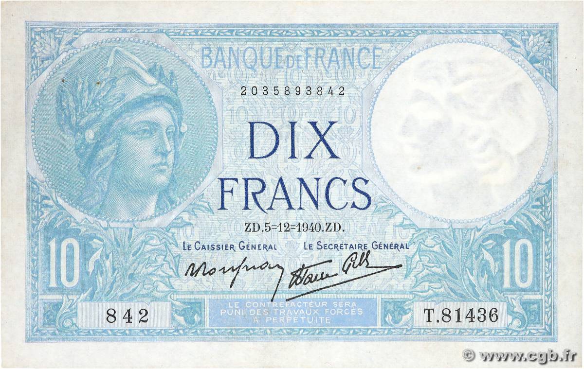 10 Francs MINERVE modifié FRANCE  1940 F.07.23 pr.SUP