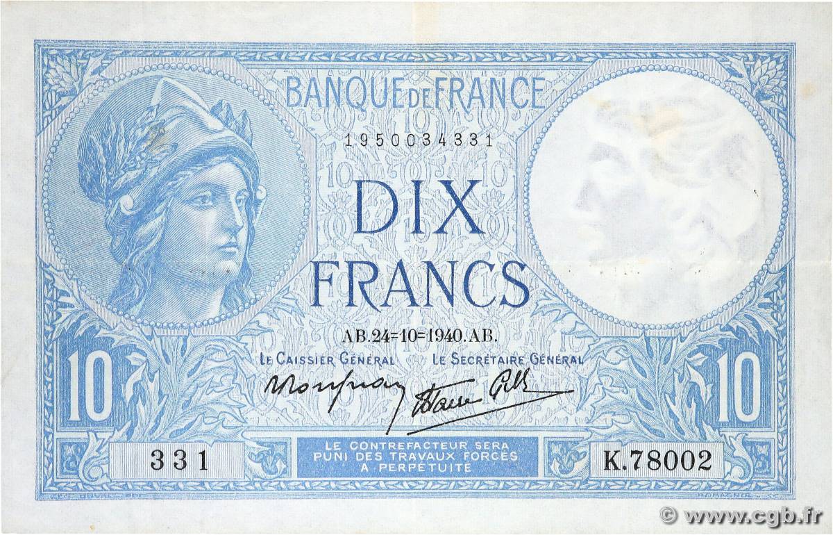 10 Francs MINERVE modifié FRANCE  1940 F.07.18 TTB