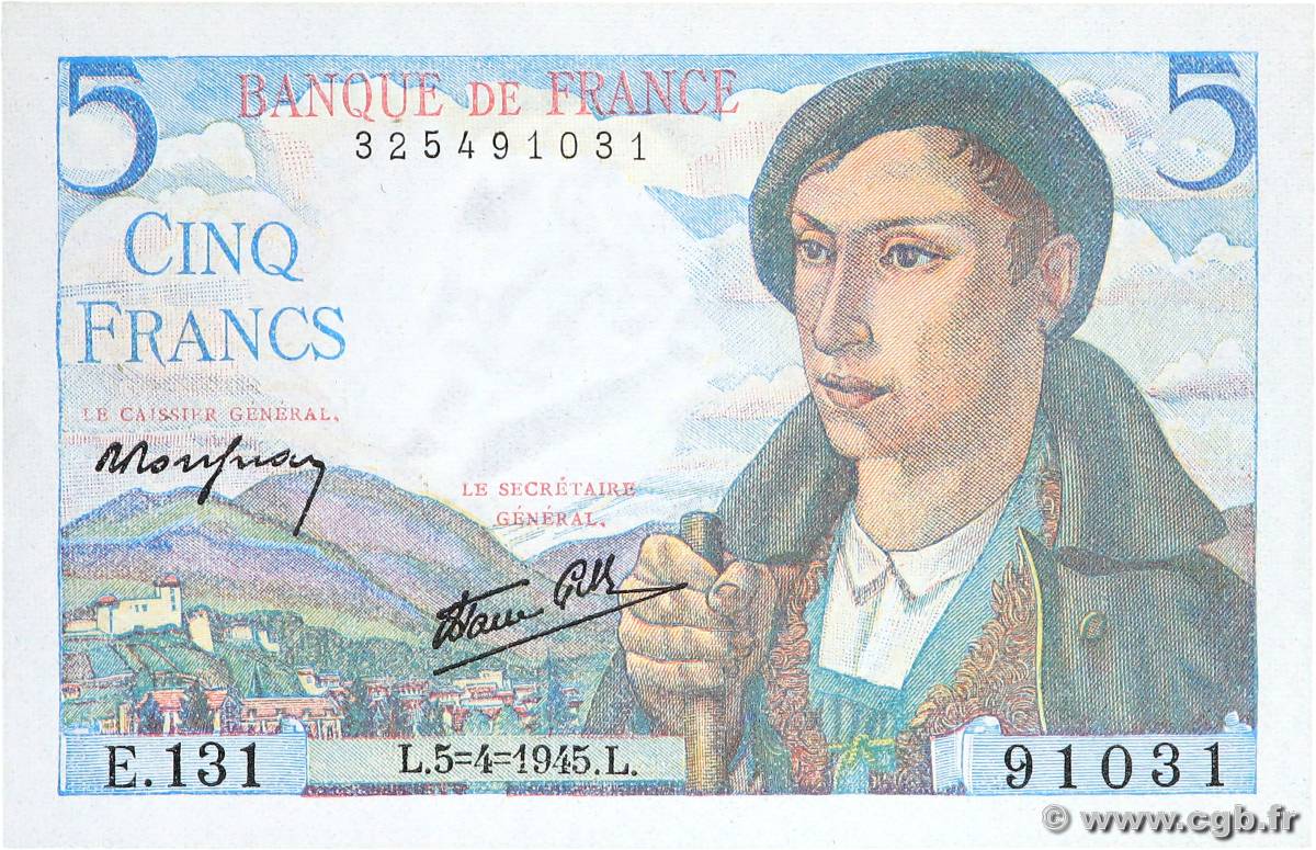 5 Francs BERGER FRANCE  1945 F.05.06 pr.NEUF
