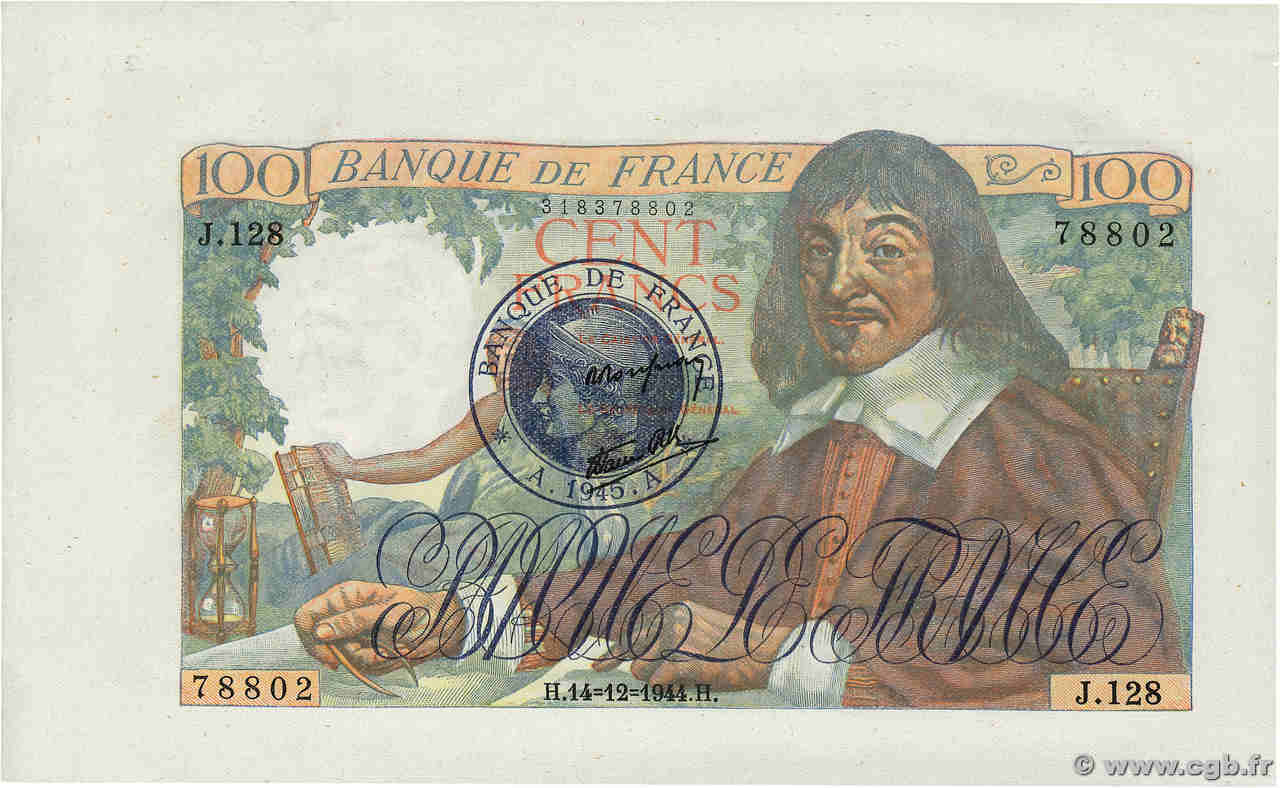 100 Francs DESCARTES 1945 Non émis FRANKREICH  1944 F.27.09NE fST+