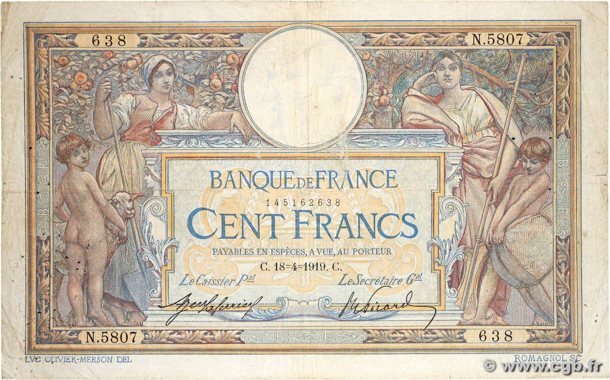 100 Francs LUC OLIVIER MERSON sans LOM FRANCE  1919 F.23.11 B+
