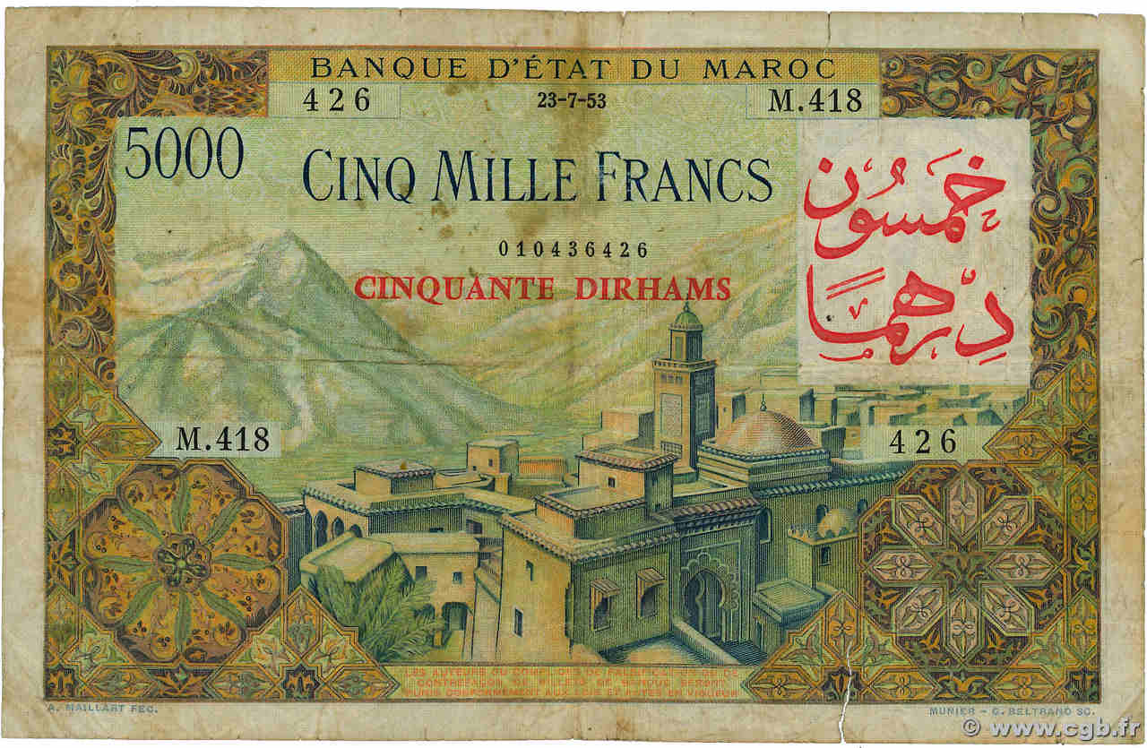 50 Dirhams sur 5000 Francs MAROC  1953 P.51 pr.TB