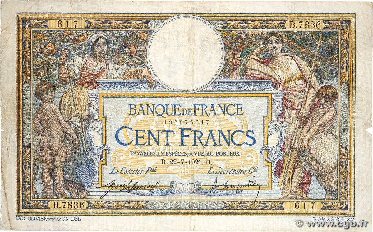 100 Francs LUC OLIVIER MERSON sans LOM FRANCE  1921 F.23.14 B+